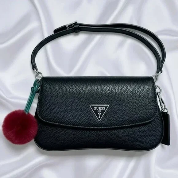 GUESS Purse Black Saffiano Faux Leather Logo Mini Handbag With Charms - Picture 1 of 6